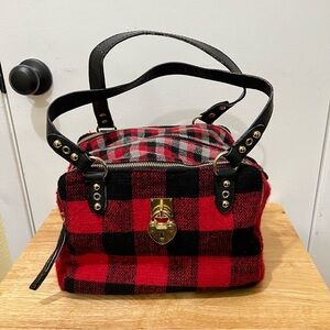 Juicy Couture Red Black Plaid fleece Wool metal Heart Lock 3 zip Tote/purse